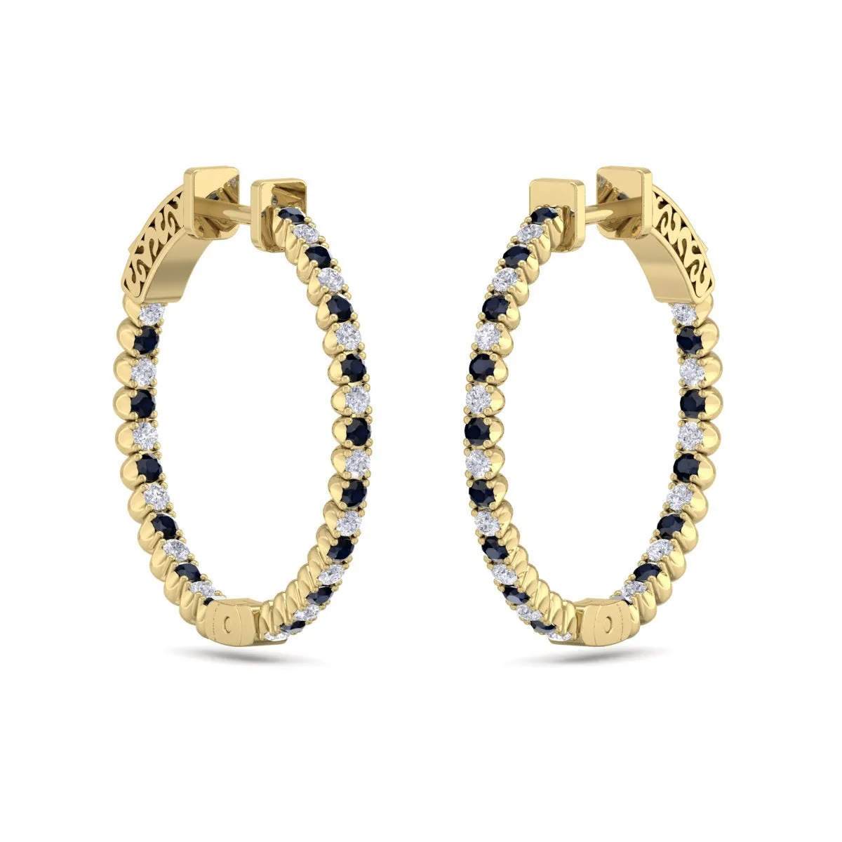 1 Carat Sapphire And Diamond Hoop Earrings In 14 Karat Yellow Gold, 3/4 Inch