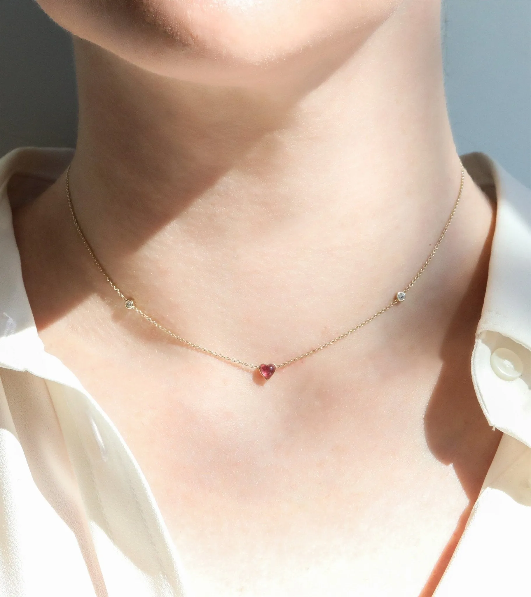 10K Gold Pink Tourmaline Byrdie Heart Choker Necklace