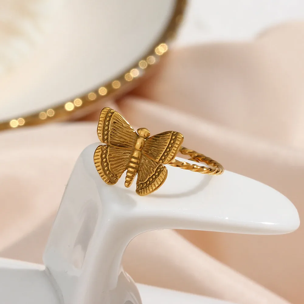 18K Gold Plated Vintage Butterfly Rings For Women Adjustable Open Ring LJ32