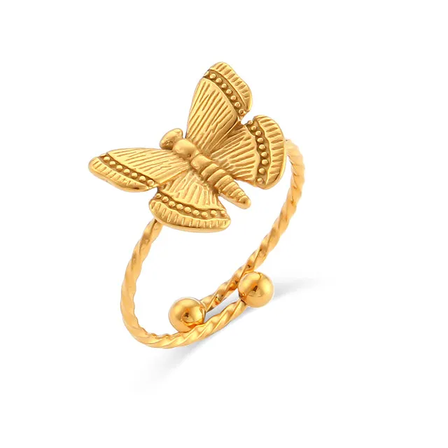 18K Gold Plated Vintage Butterfly Rings For Women Adjustable Open Ring LJ32