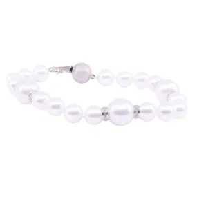 18K WHITE GOLD 8-INCH CULTURED PEARL BRACELET WITH DIAMOND RONDELLE SPACERS AND SATIN BALL CLASP