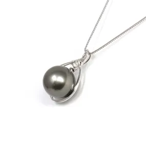 18k White Gold Round Black Tahitian South Sea Cultured Pearl & Diamond Michelle Pendant Necklace for Women in AAA Quality