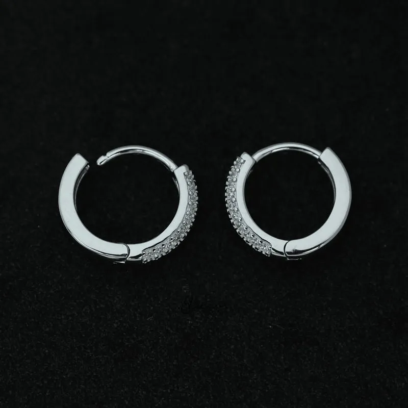 2 Lines CZ Paved Sterling Silver One-Touch Huggie Hoop Earrings - Silver