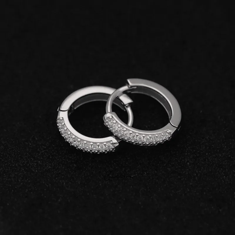 2 Lines CZ Paved Sterling Silver One-Touch Huggie Hoop Earrings - Silver