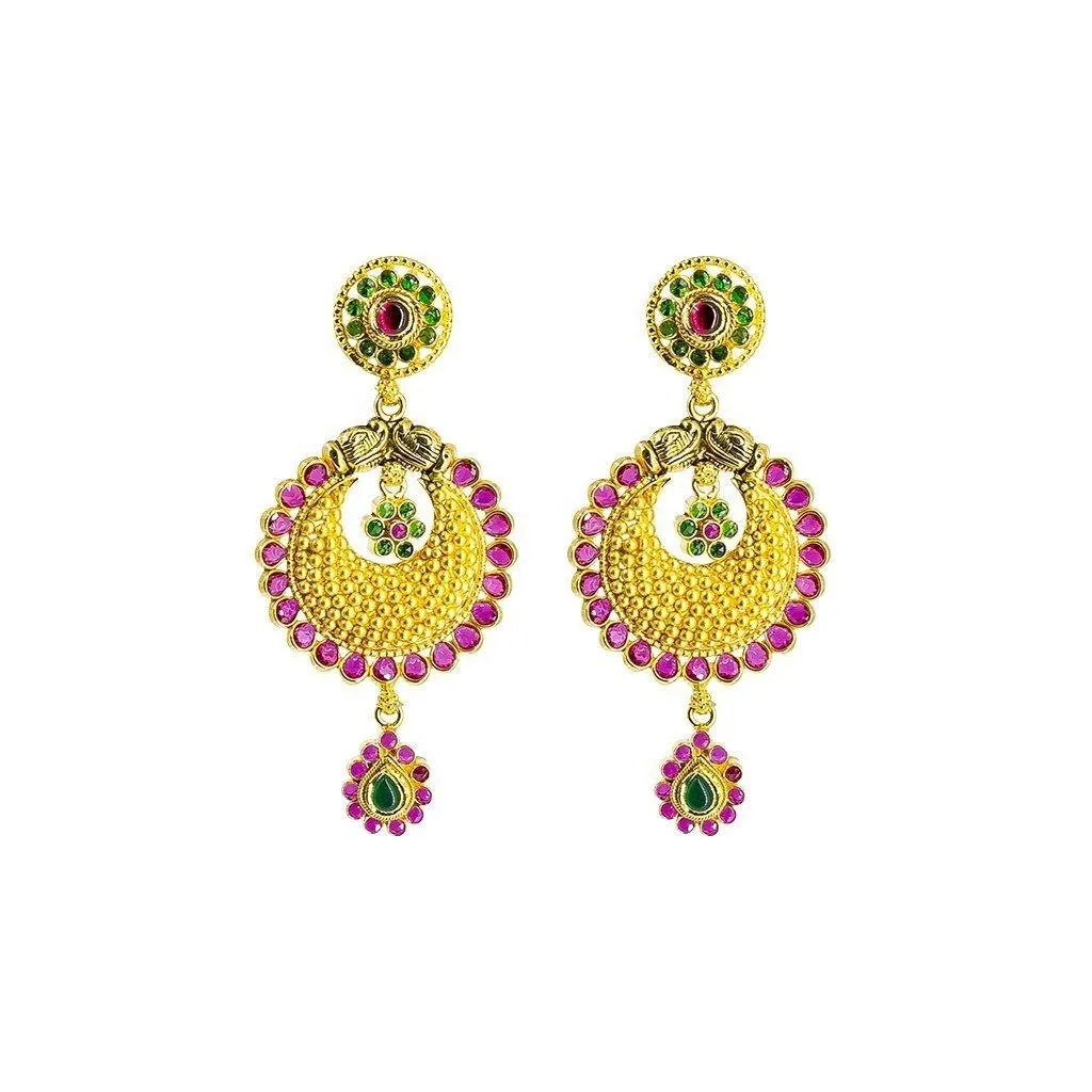 22K Yellow Gold Necklace & Earrings Set W/ Emerald, Ruby, Laxmi Accent Chain and Chandbali Pendant