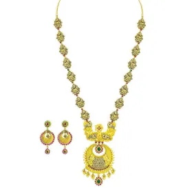 22K Yellow Gold Necklace & Earrings Set W/ Emerald, Ruby, Laxmi Accent Chain and Chandbali Pendant