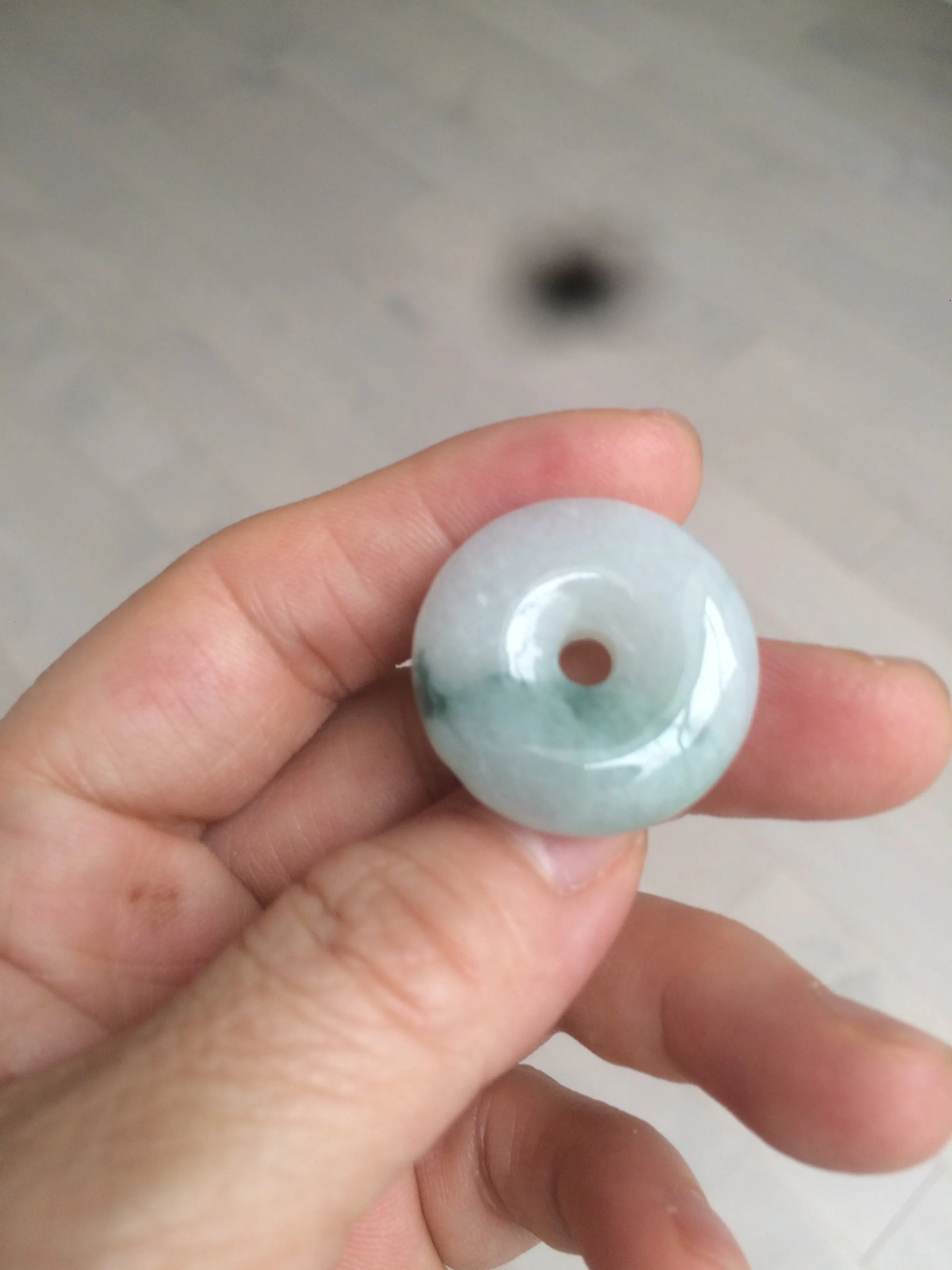 25.4/6.2mm 100% Natural icy watery green/white with green floating flowers jadeite Jade Safety Guardian Button(donut) Pendant/worry stone BF46