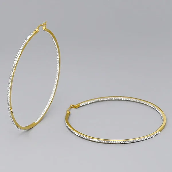 70 MM Rhinestone Pave Inside-Out Stainless Steel Hoop Earrings