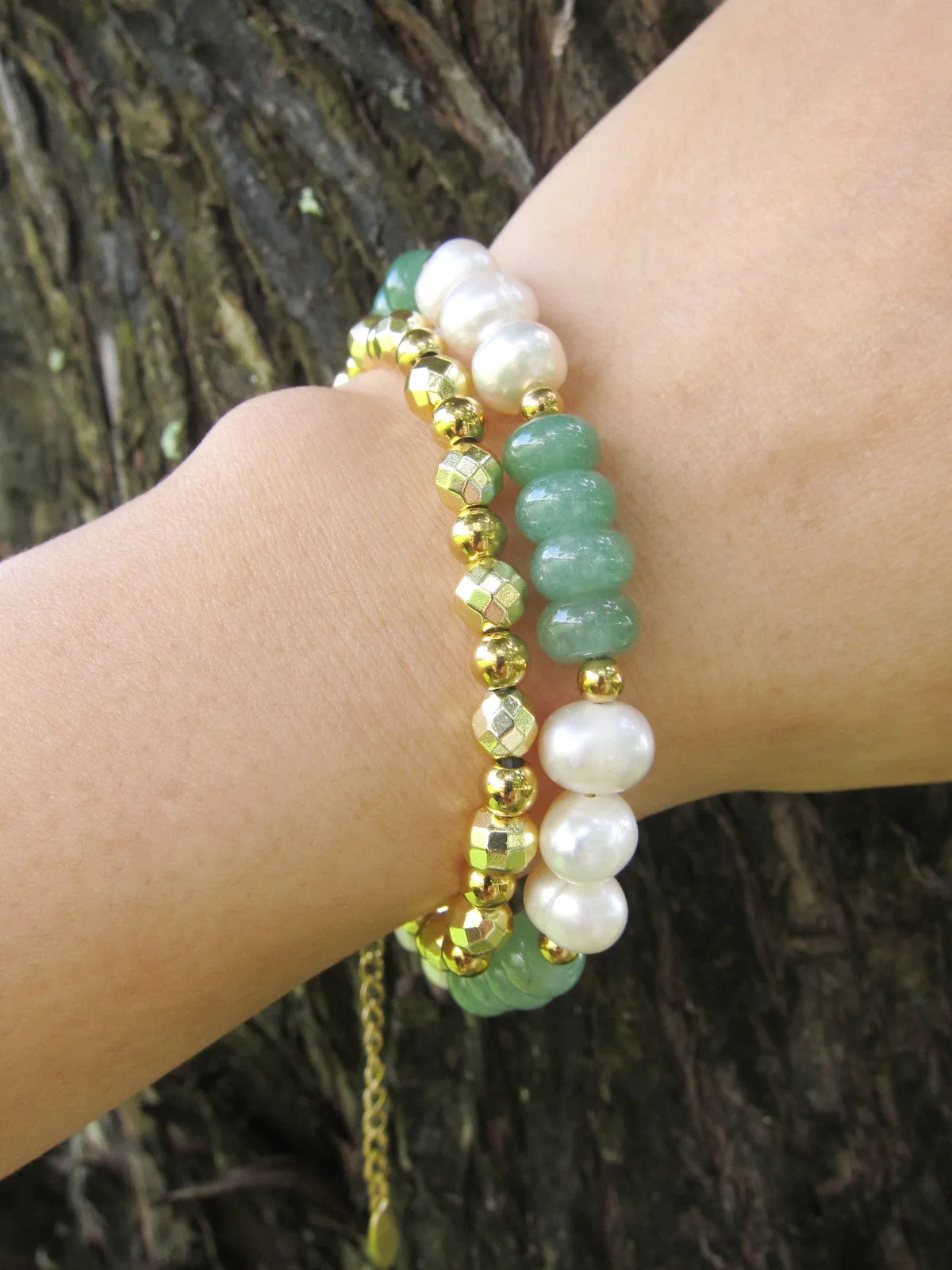 Abundance - Green Aventurine, Freshwater Pearls Beaded Bracelet