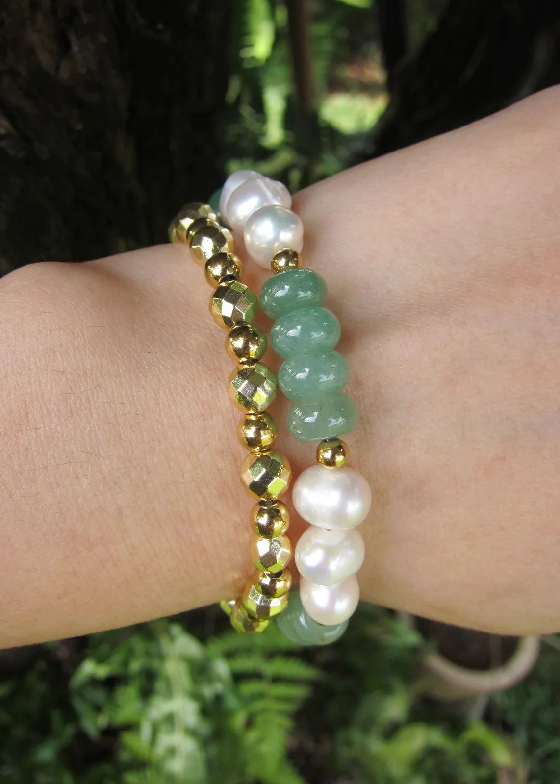 Abundance - Green Aventurine, Freshwater Pearls Beaded Bracelet