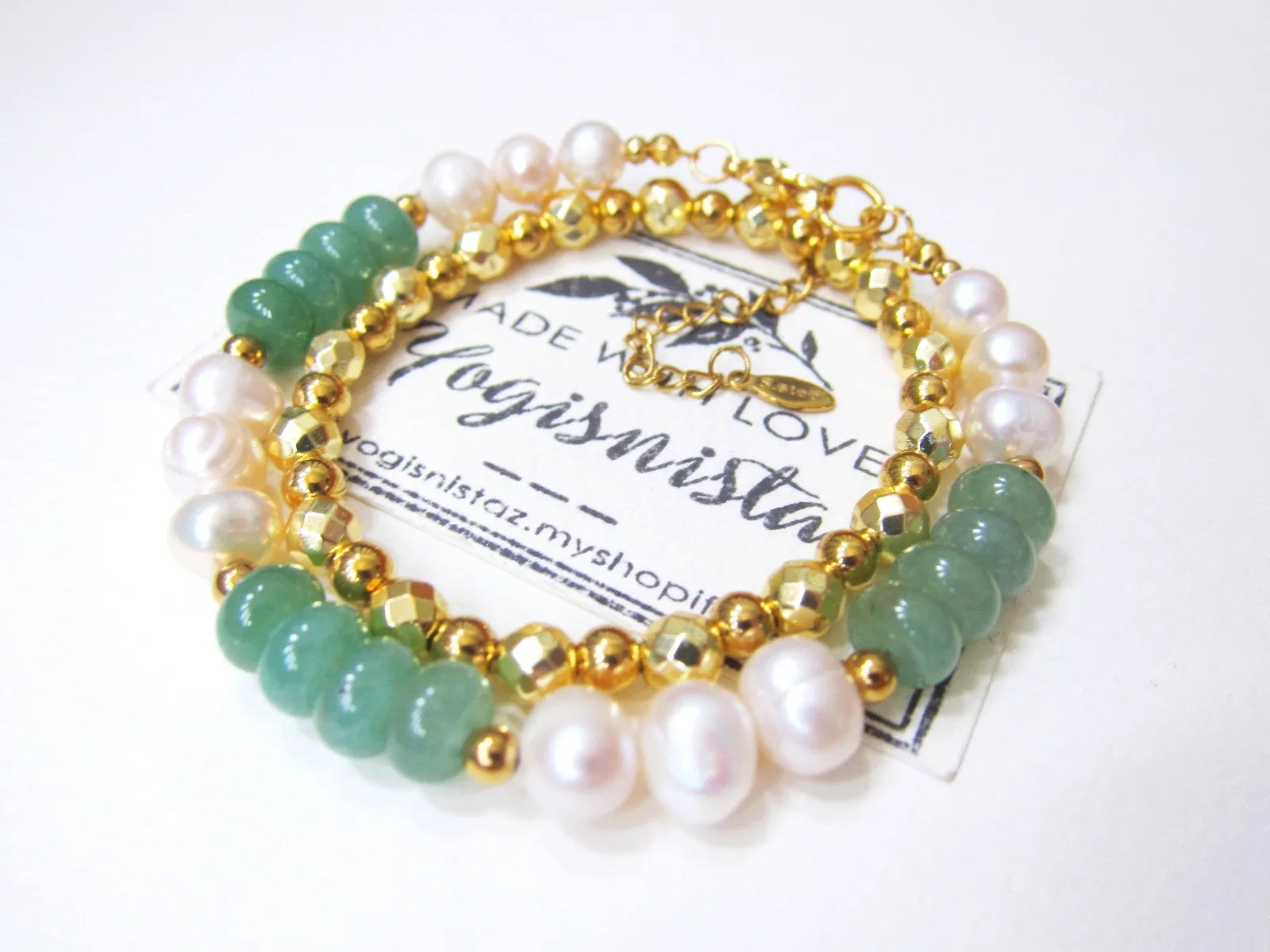 Abundance - Green Aventurine, Freshwater Pearls Beaded Bracelet