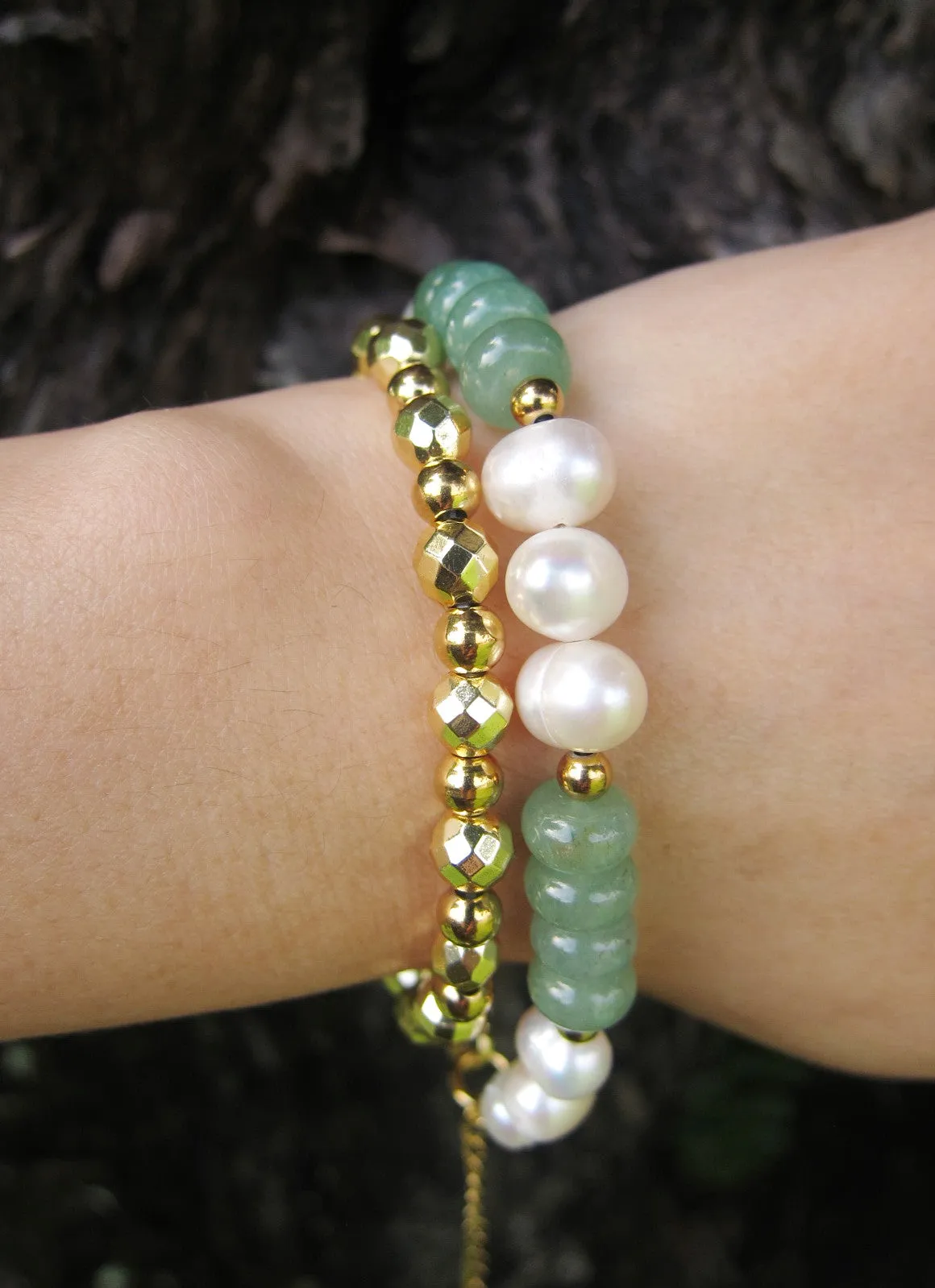 Abundance - Green Aventurine, Freshwater Pearls Beaded Bracelet