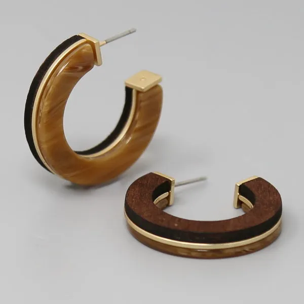 Stylish Acetate and Wood Hoop Earrings