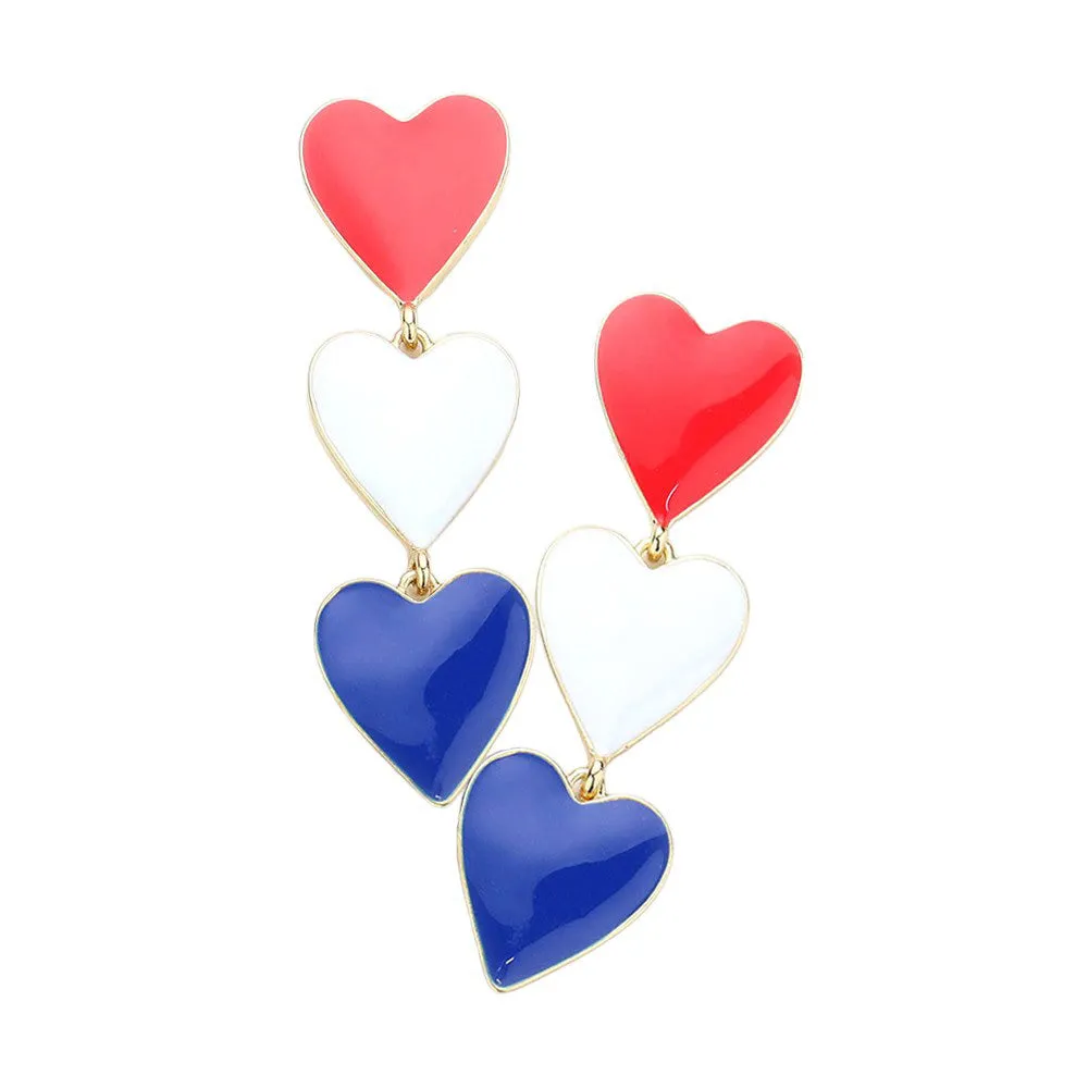 American USA Colored Triple Enamel Heart Link Earrings