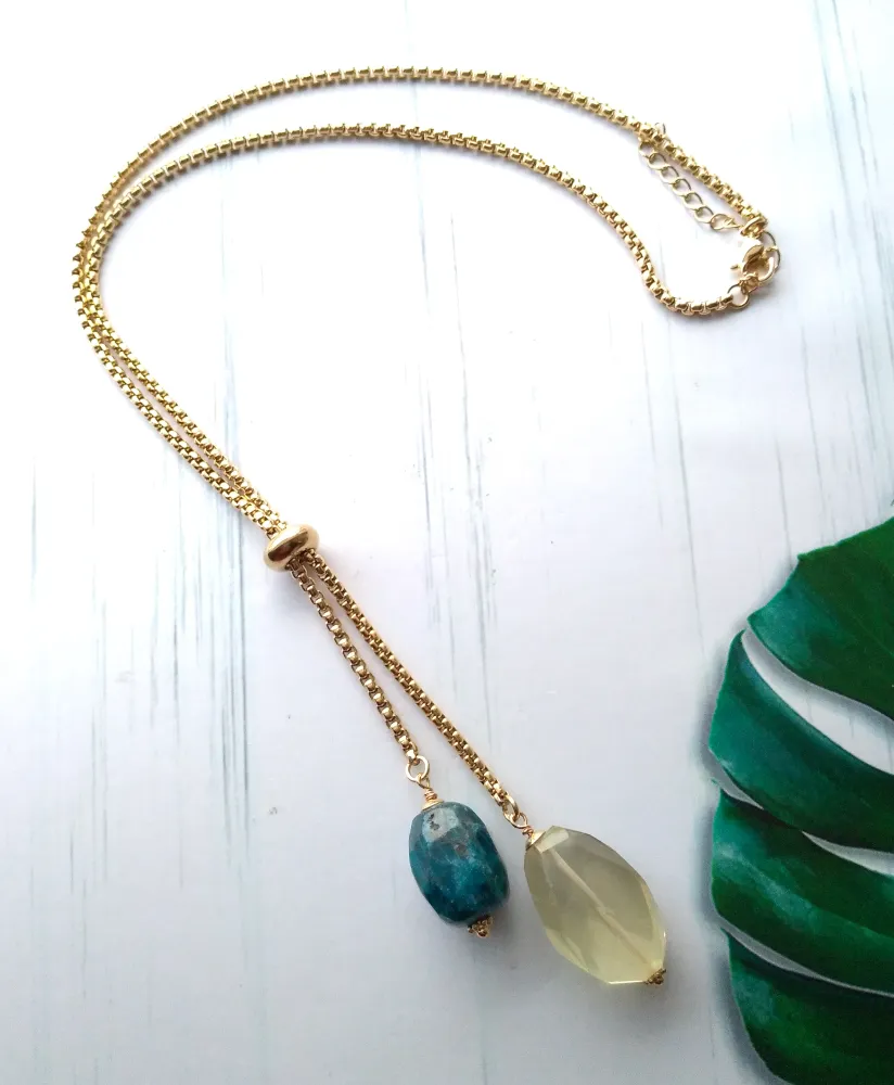 Apatite & Lemon Quartz Nugget Slider Necklace