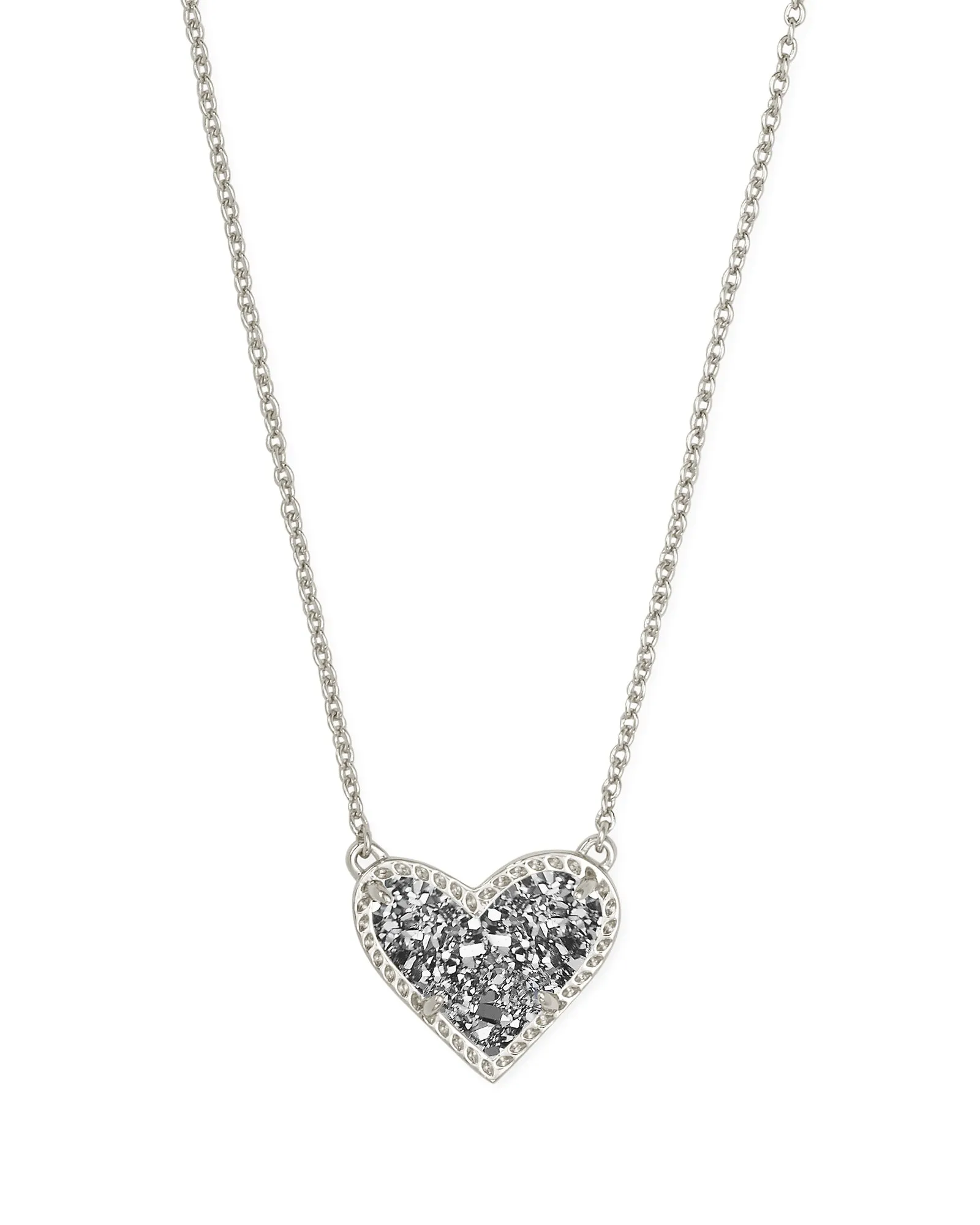 Ari Heart Short Pendant Necklace Rhodium Platinum Drusy by Kendra Scott