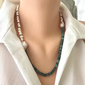 Asymmetric Emerald & Freshwater Baroque Pearl Necklace, Gold Filled, 21inch, May Birthstone