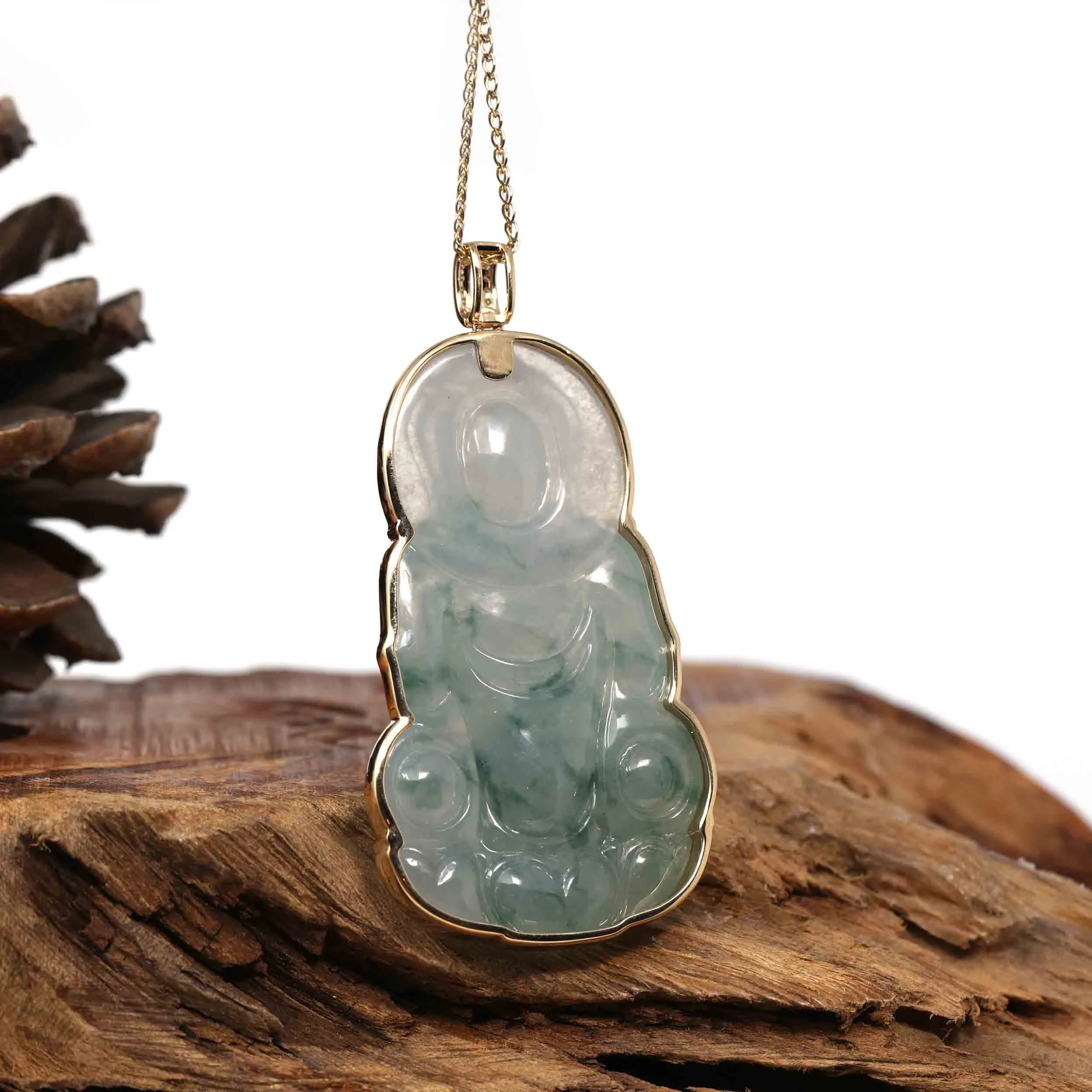 Baikalla 14k Yellow Gold "Goddess of Compassion" Genuine Ice Burmese Jadeite Jade Guanyin Necklace With Gold Bail