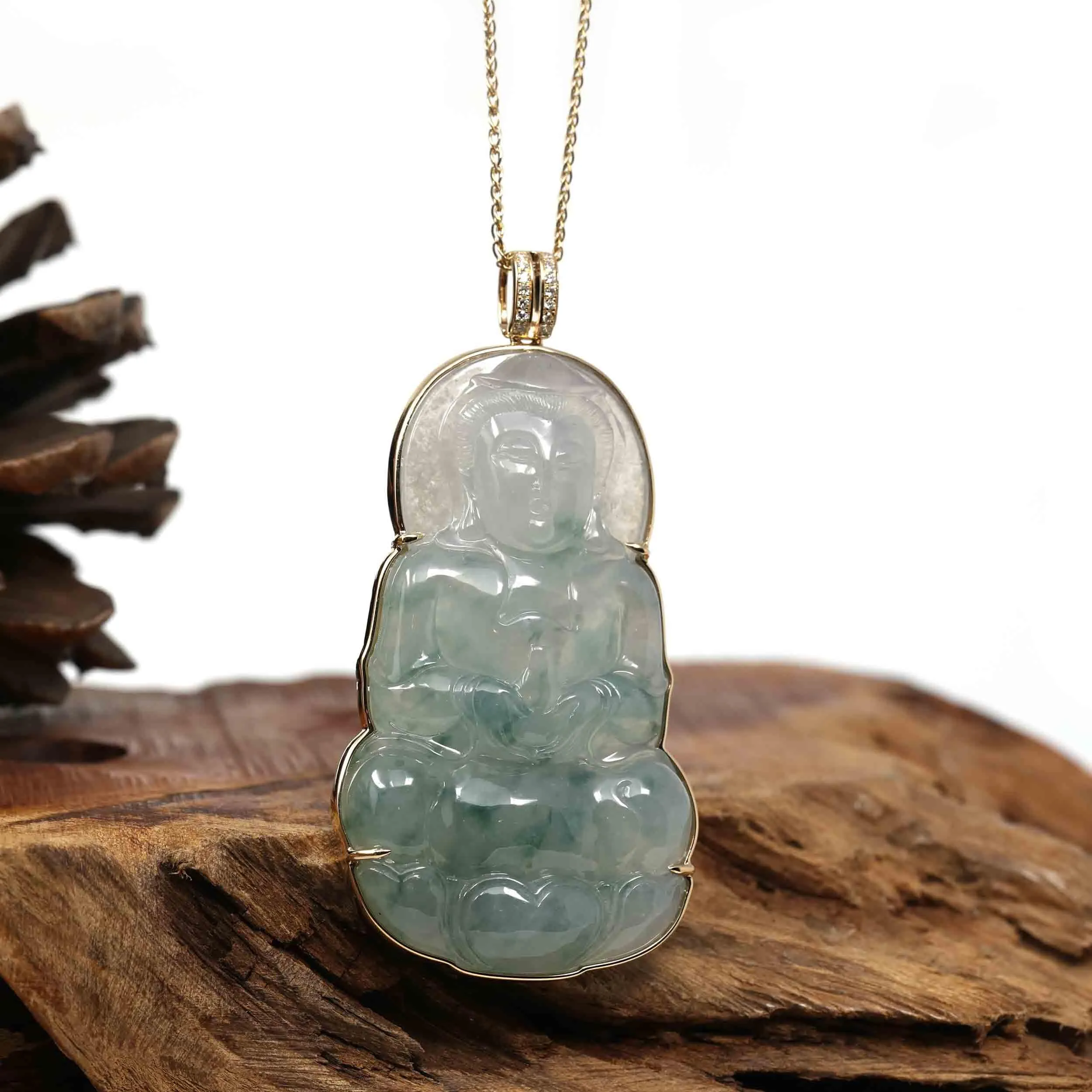 Baikalla 14k Yellow Gold "Goddess of Compassion" Genuine Ice Burmese Jadeite Jade Guanyin Necklace With Gold Bail