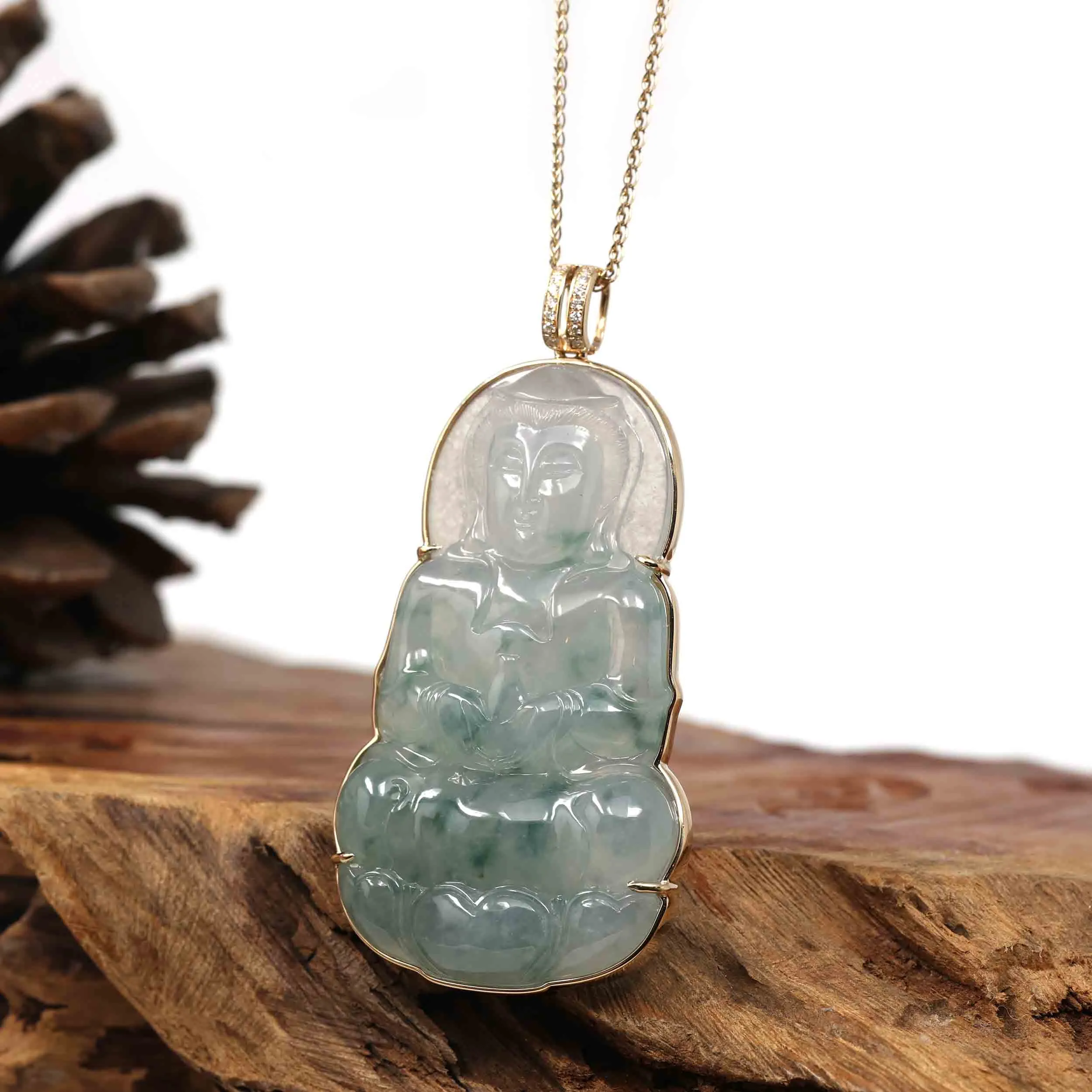 Baikalla 14k Yellow Gold "Goddess of Compassion" Genuine Ice Burmese Jadeite Jade Guanyin Necklace With Gold Bail