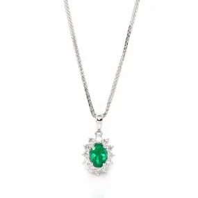 Baikalla? 18k White Gold AAA Emerald Round 4 Prong Set Necklace With VS1 Diamond Halo