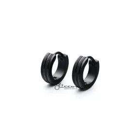 Black Titanium IP Stainless Steel Hinged Hoop Earrings with Sand Sparkle Lines