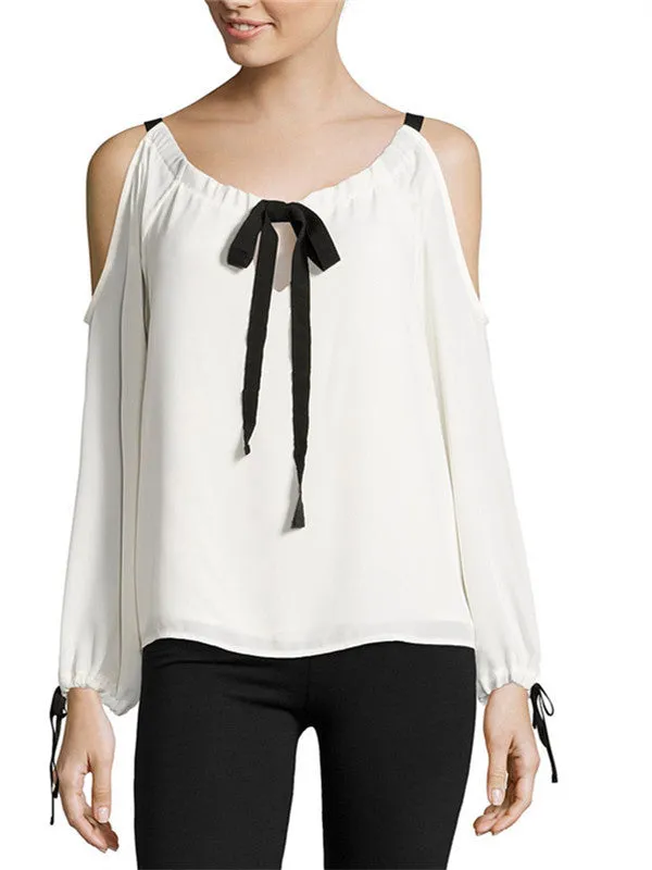 Bow Tie Neck Long Sleeve Chiffon Top