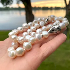 Breathtaking Bridal Pearl Necklace with Black Zircon and Sterling Silver Elements, 18inches