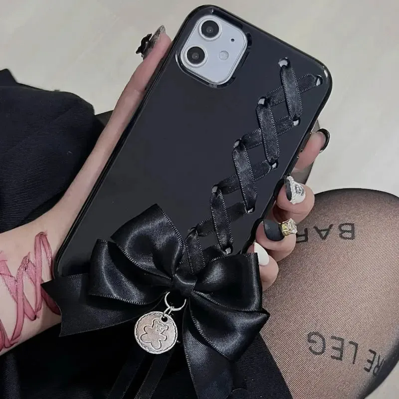 Coquete Lace Up Bow Black Phone Case ON1497