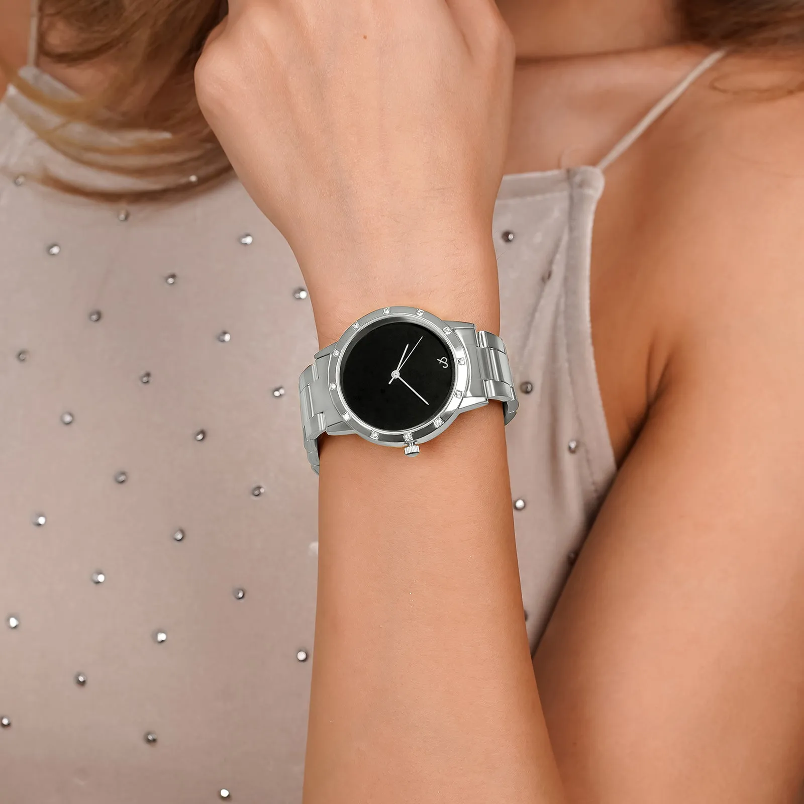 Dusk Black Dial Silver Metallic Strap Watch