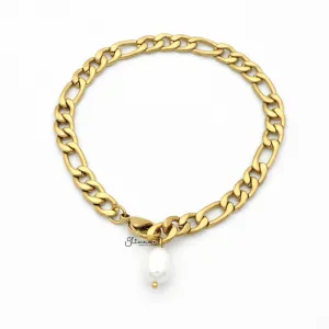 Freshwater Pearl with Gold I.P Stainless Steel Figaro Chain Bracelet