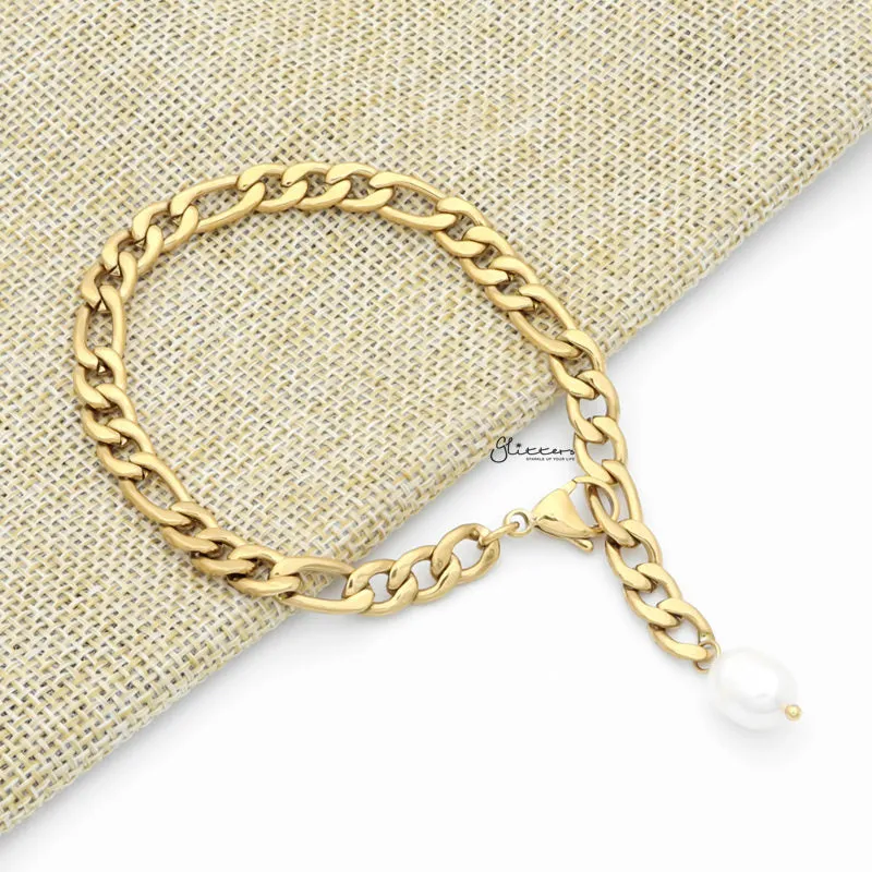 Freshwater Pearl with Gold I.P Stainless Steel Figaro Chain Bracelet