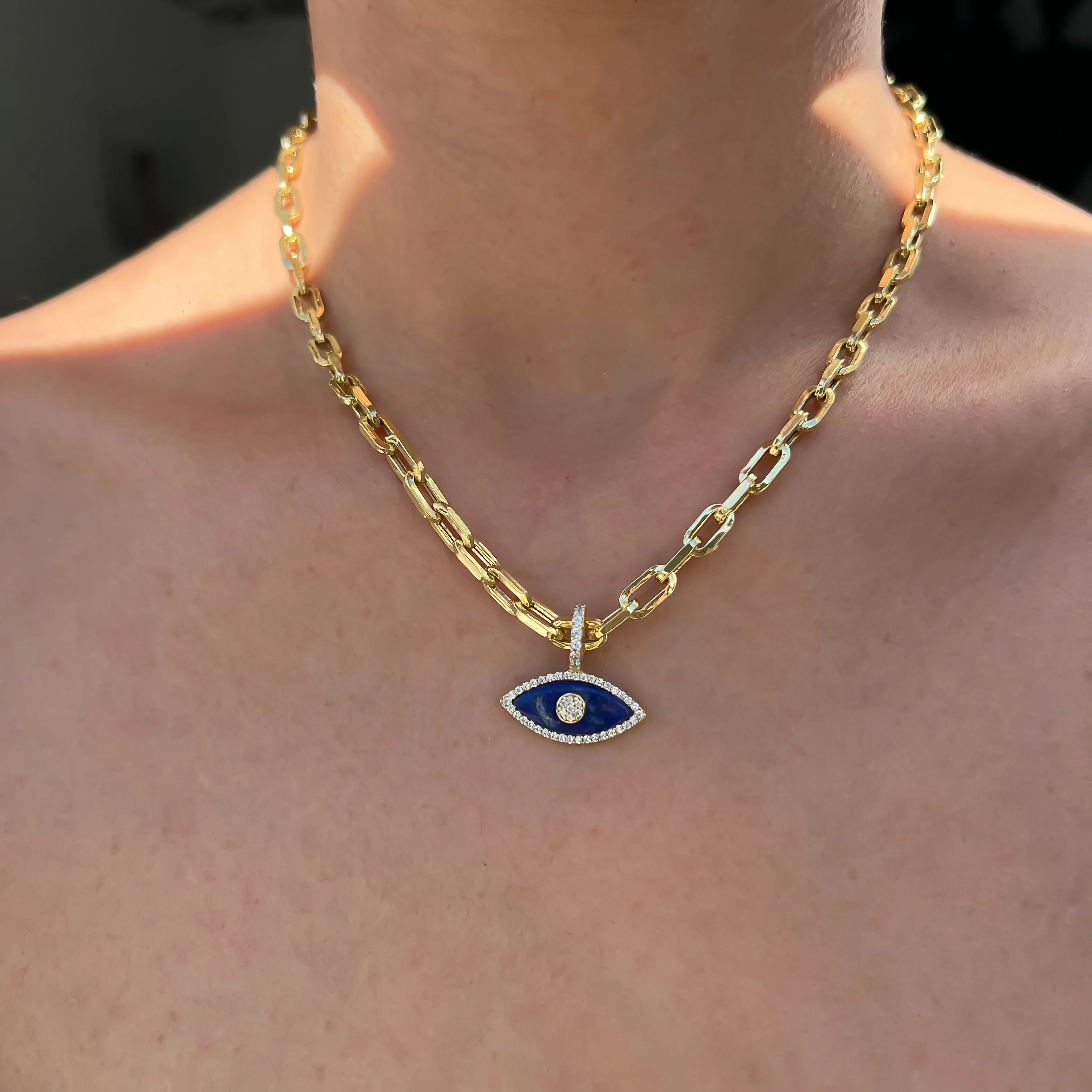 “Gemma” lapis lazuli paperclip chain eye necklace