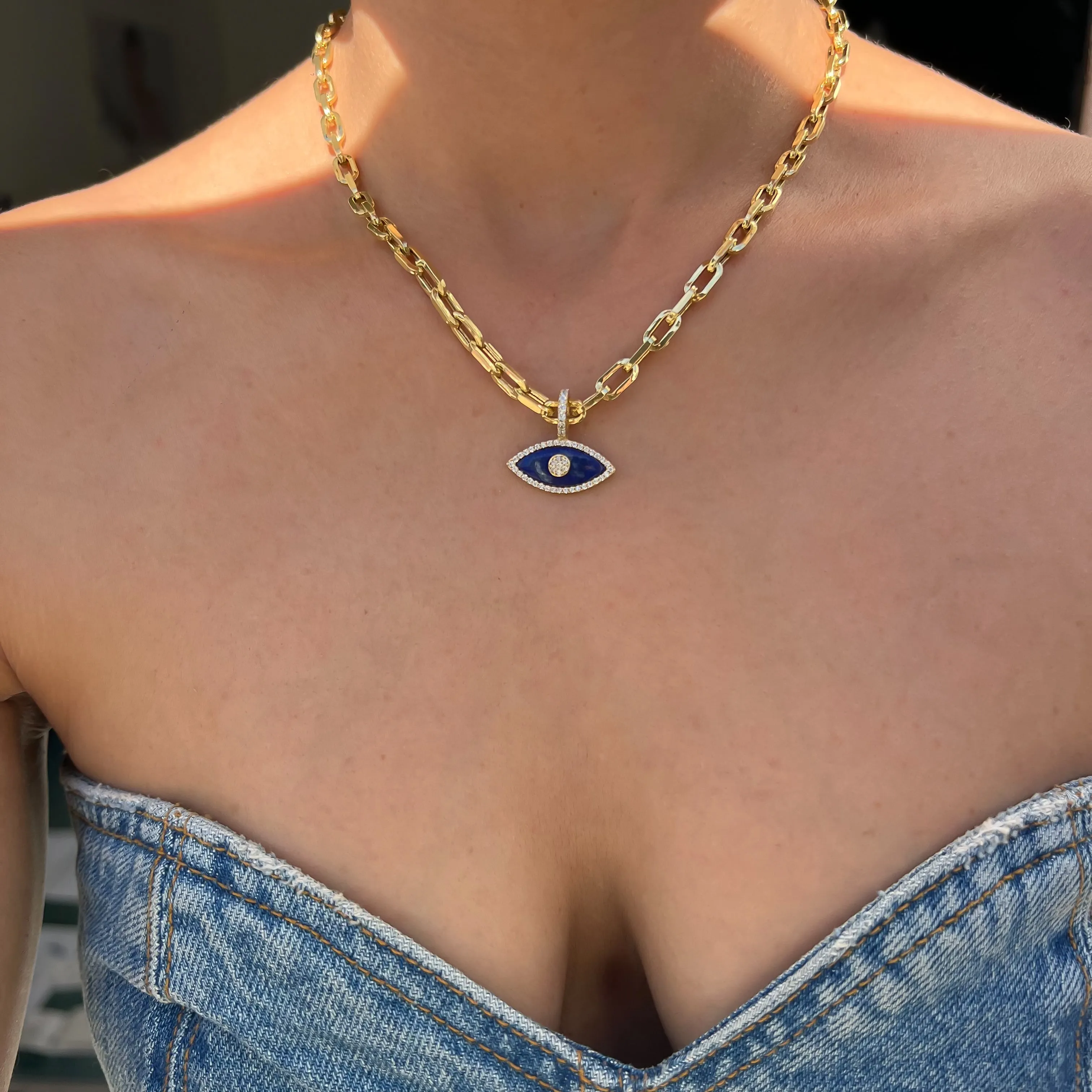 “Gemma” lapis lazuli paperclip chain eye necklace