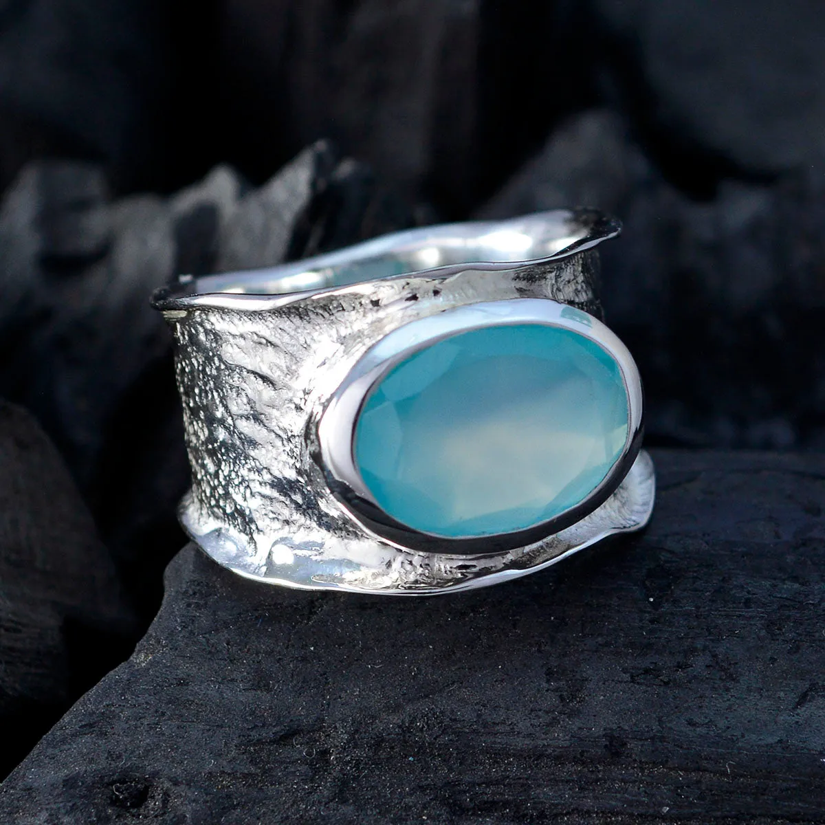 Grand Gemstones Aqua Chalcedony Solid Silver Ring Gold Jewelry India