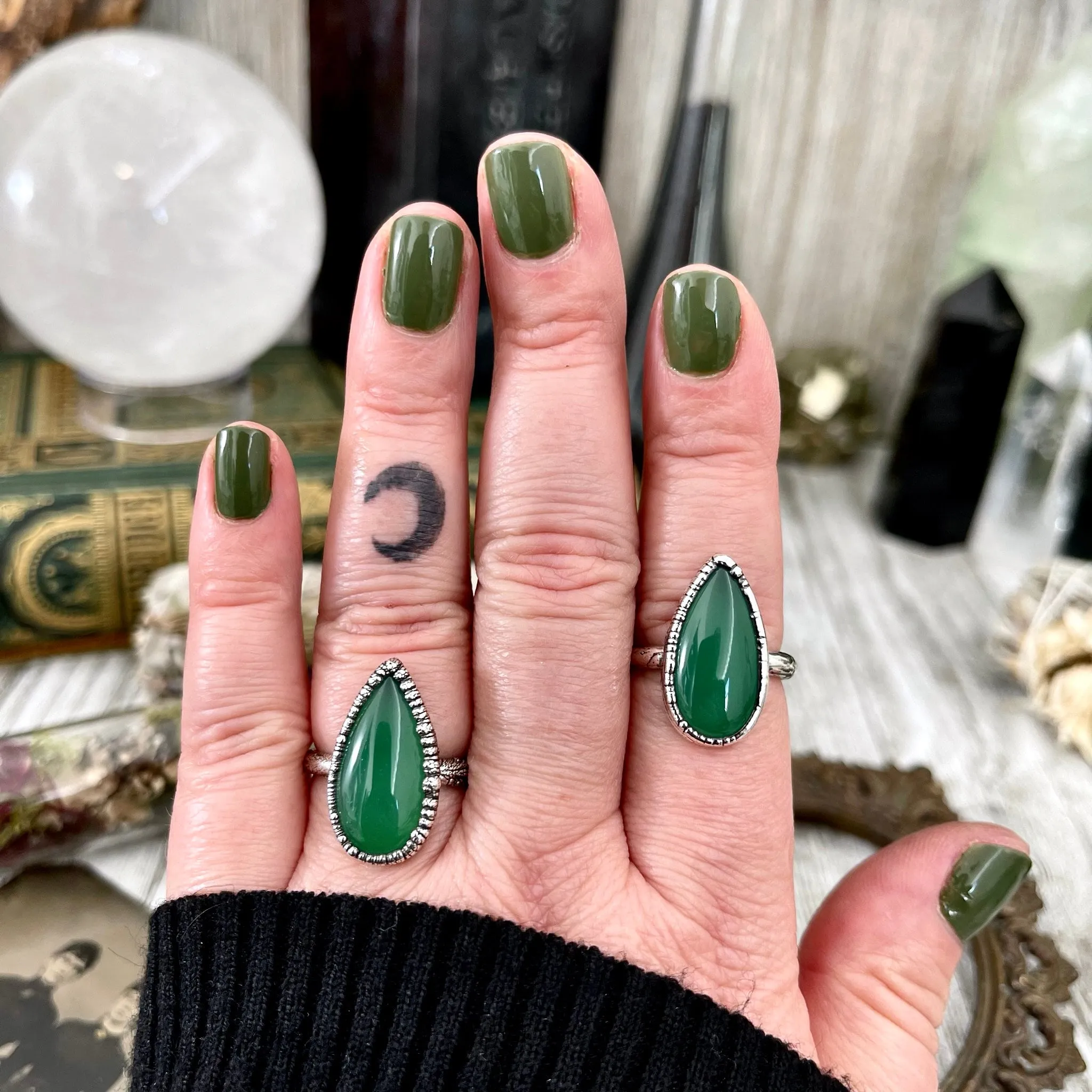 Green Agate Ring in Fine Silver Size 7 8 9 10 /  Large Crystal Ring  - Green Stone Ring - Silver Crystal Ring - Bohemian Jewelry