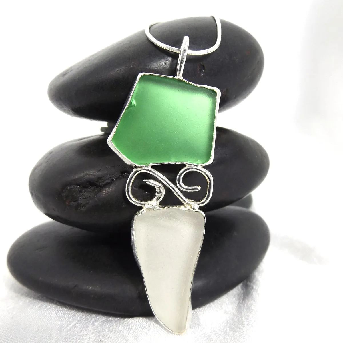 Green and White Sea Glass Pendant Necklace