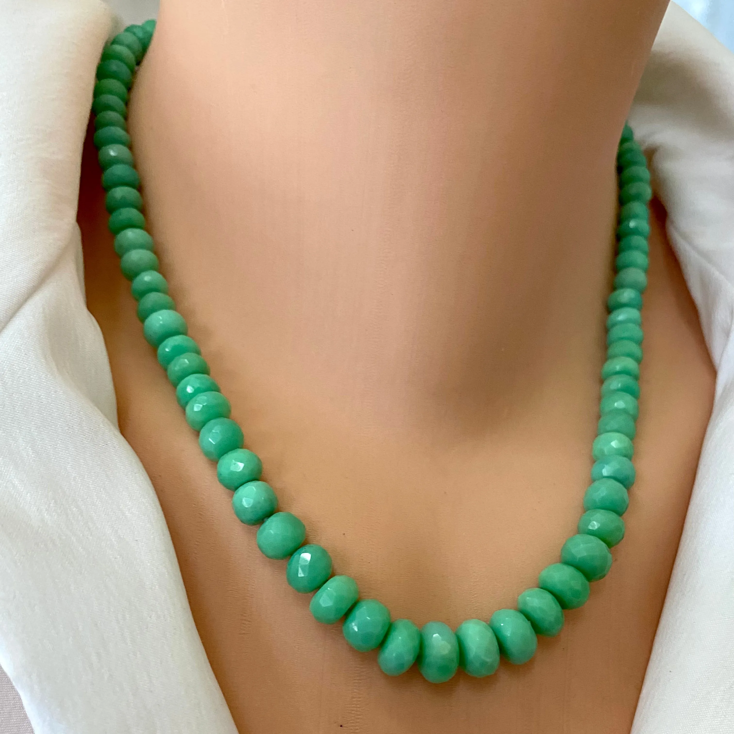 Green Chalcedony Hand Knotted & Graduated Candy Necklace, Sterling Silver Marine Closure, 18in