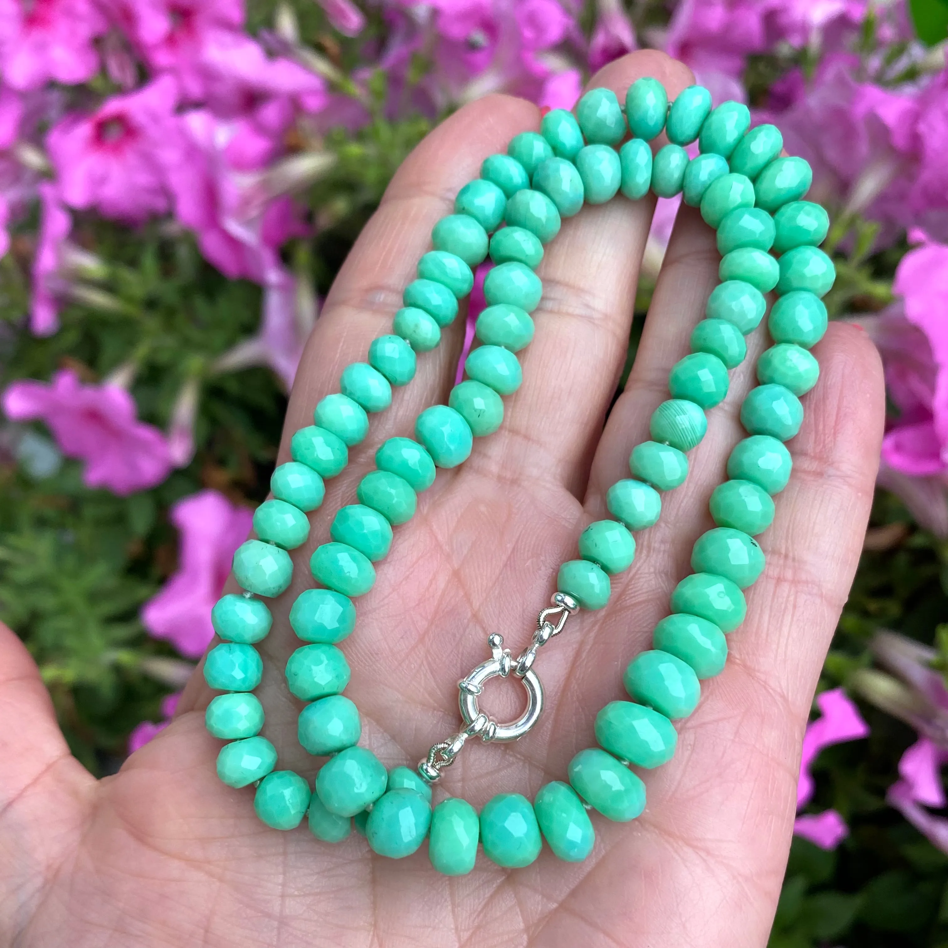 Green Chalcedony Hand Knotted & Graduated Candy Necklace, Sterling Silver Marine Closure, 18in