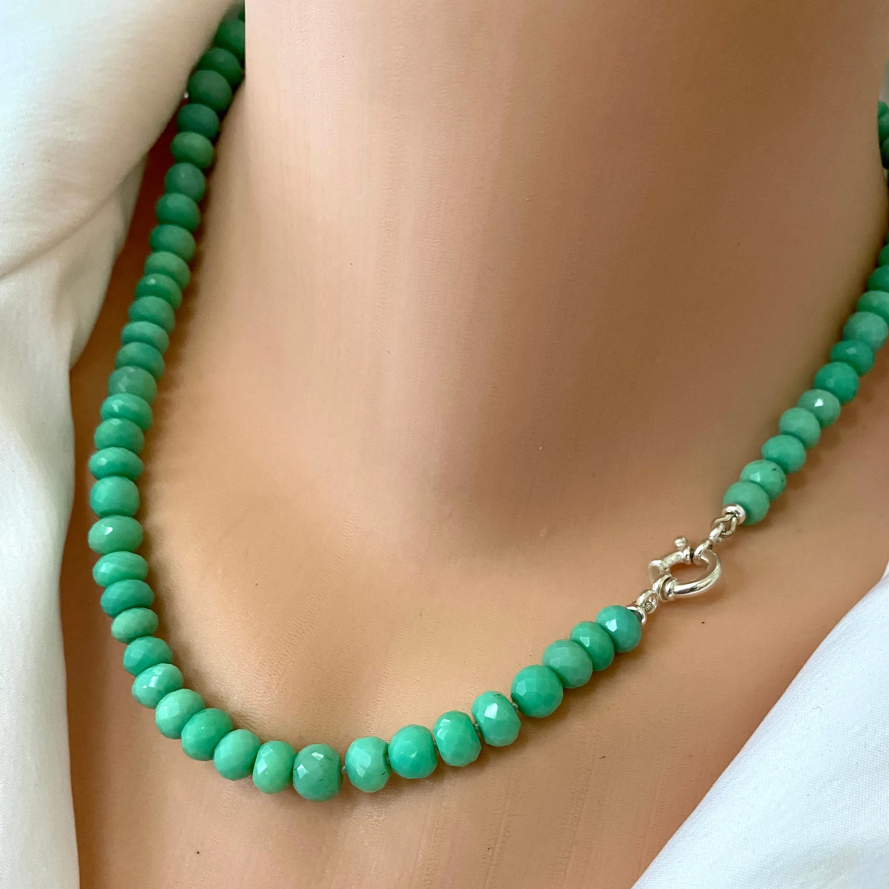 Green Chalcedony Hand Knotted & Graduated Candy Necklace, Sterling Silver Marine Closure, 18in