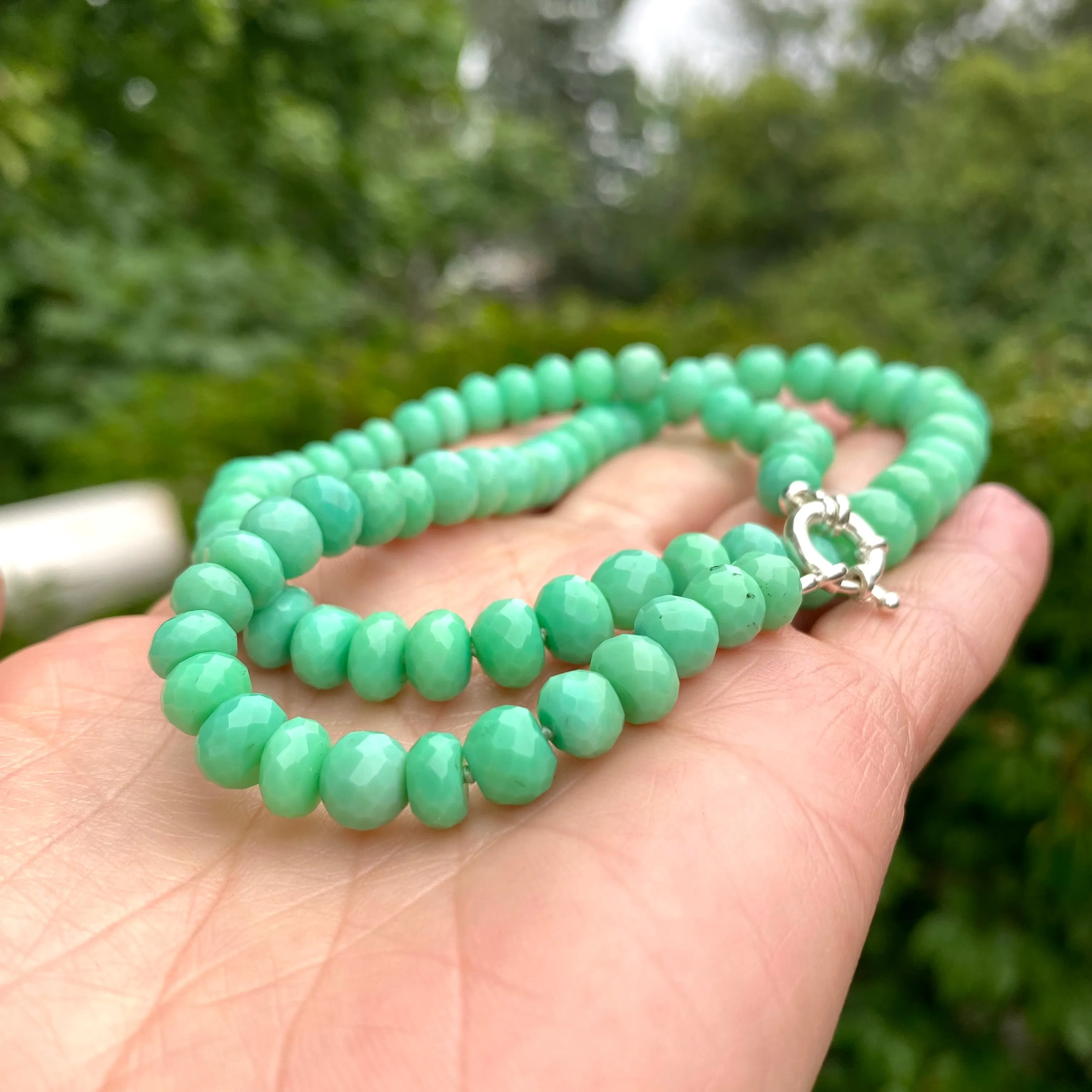 Green Chalcedony Hand Knotted & Graduated Candy Necklace, Sterling Silver Marine Closure, 18in