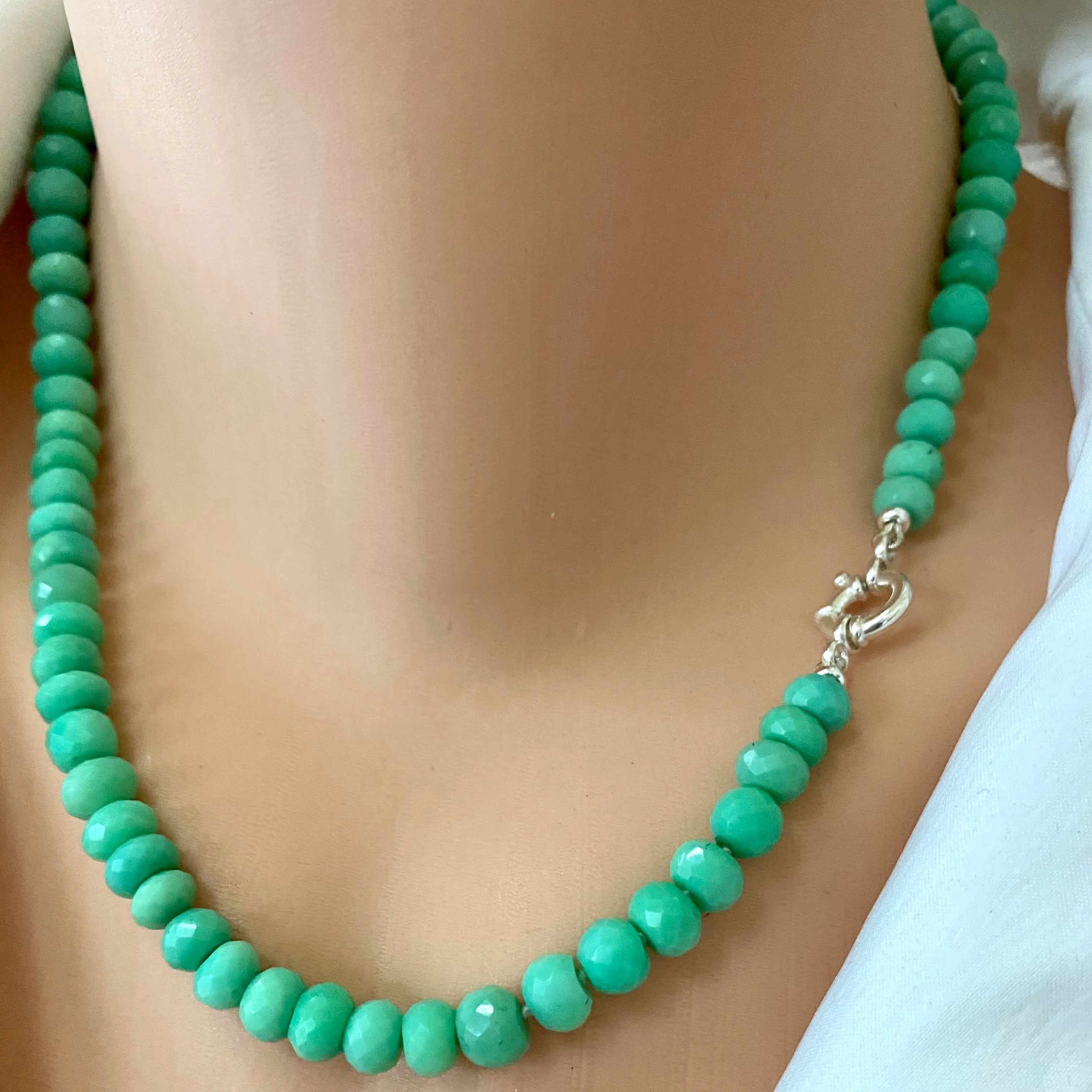 Green Chalcedony Hand Knotted & Graduated Candy Necklace, Sterling Silver Marine Closure, 18in