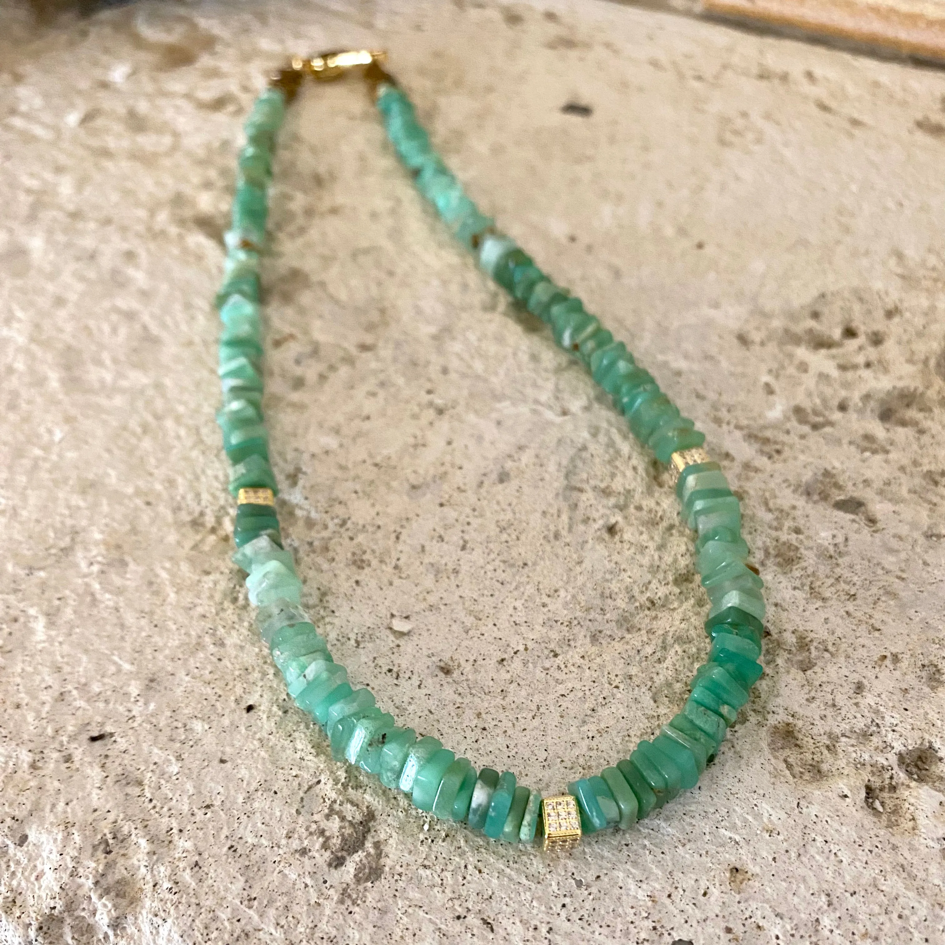 Green Chrysoprase Heishi Square Beads Choker Necklace with Gold Vermeil, 15.75inches