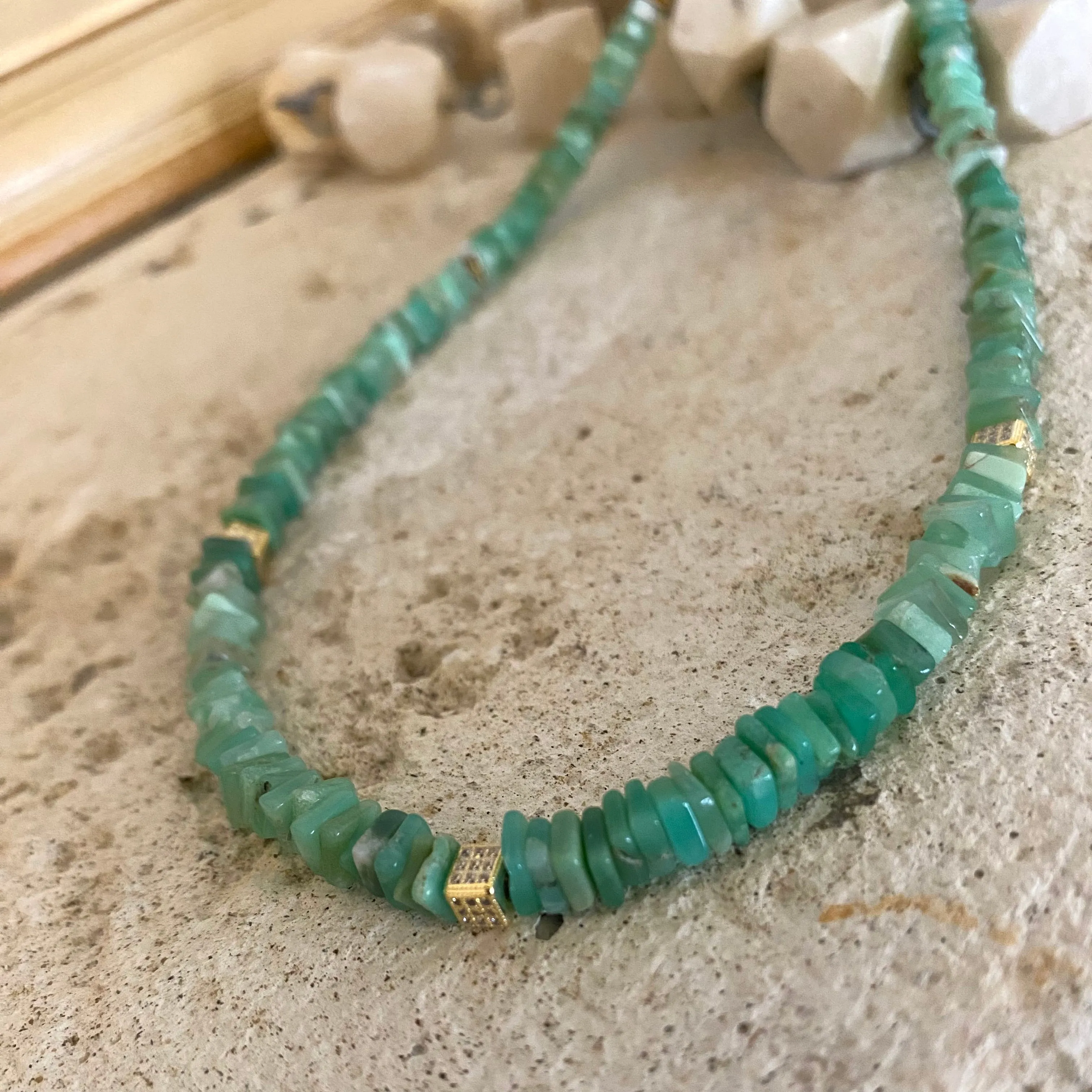 Green Chrysoprase Heishi Square Beads Choker Necklace with Gold Vermeil, 15.75inches