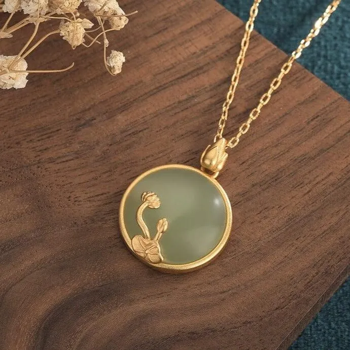 Green Jade Lotus Pendant Necklace