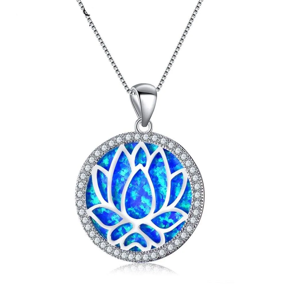 Hollow Lotus Flower White/Blue Fire Opal Round Pendant  Necklace