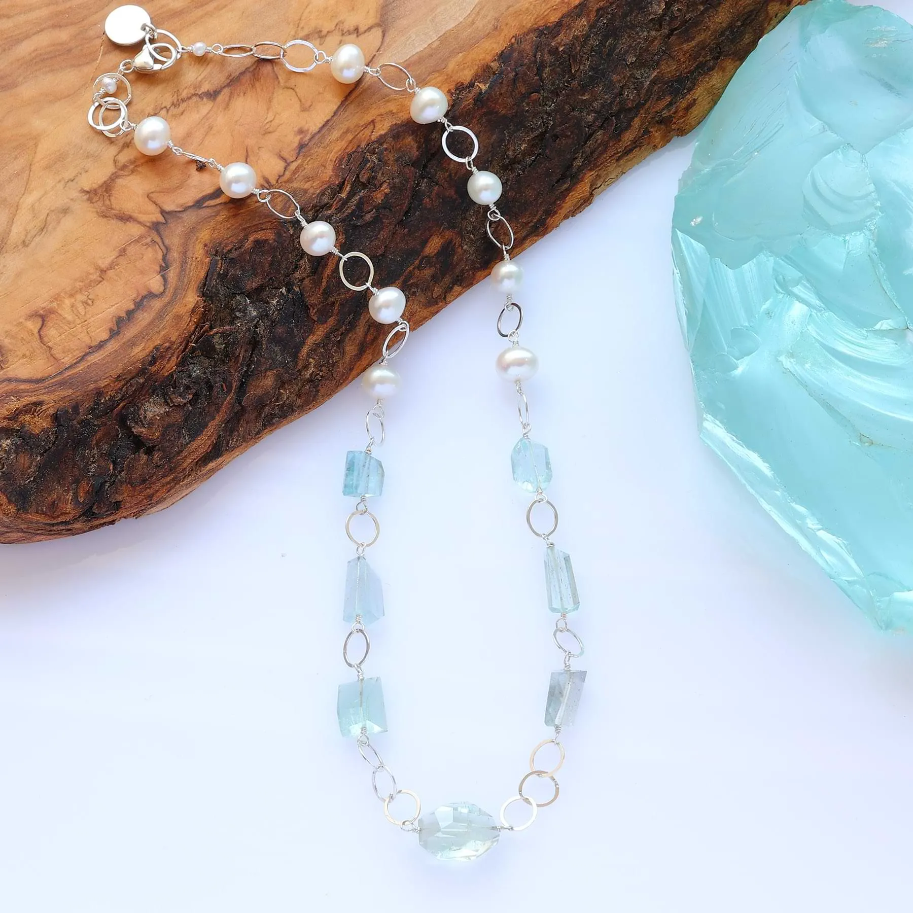 Kauai - Aquamarine and Pearl Silver Necklace