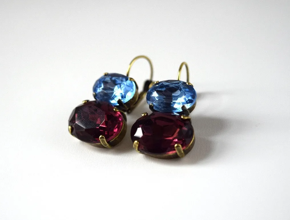 Light Blue and Purple Crystal Earrings, 18th Century Style Earrings