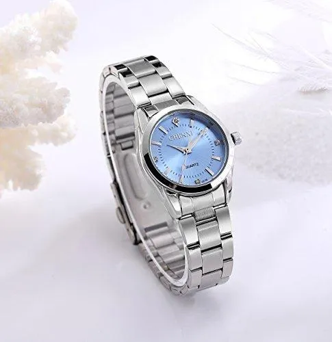 Luxury Women's Wrist Watches,Silvery Stainless Steel Wristwatches for Lady,Blue Face with Rhinestones Index