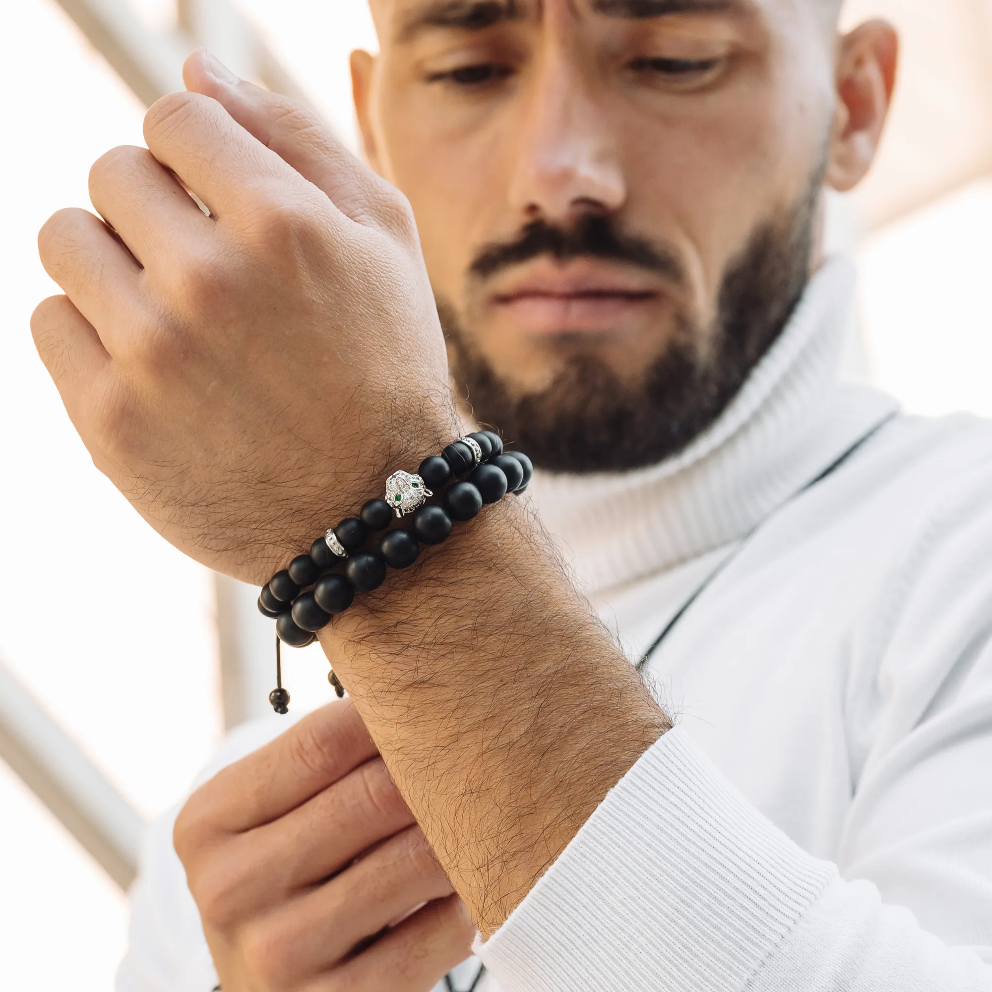 Men's BLACK ONYX Bracelet With Silver LEOPARD Head - One Size Fits All